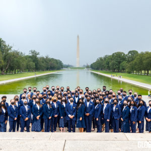 USA Pavilion at Exo 2020 Dubai Youth Ambassadors pose in front of the Washington Monument in Washington, DC