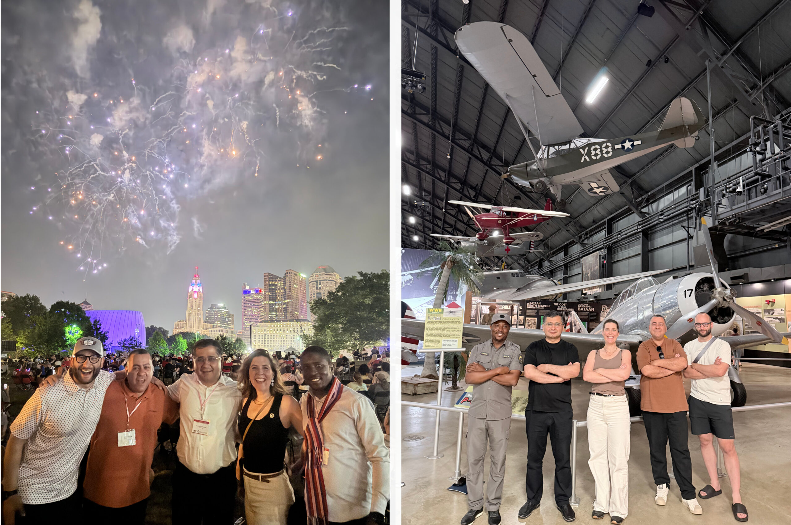 Photo to the left contains five people posing for a photo during a fireworks display. Photo to the right contains five people posing next to WWII era military planes.